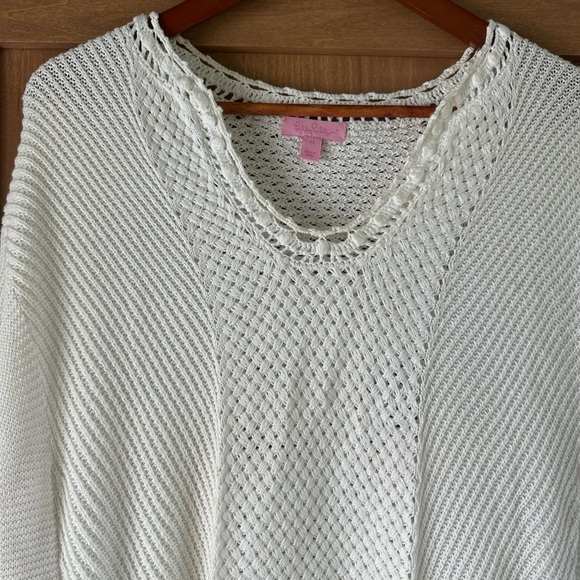 Lilly Pulitzer White Keating Knit Fringe PomPom Sweater Poncho Women’s size XS​ - Picture 5 of 12